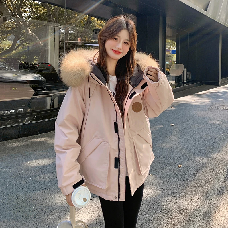 粉色大毛领派克羽绒服女冬季2024新款小个子加厚爆款白鸭绒外套