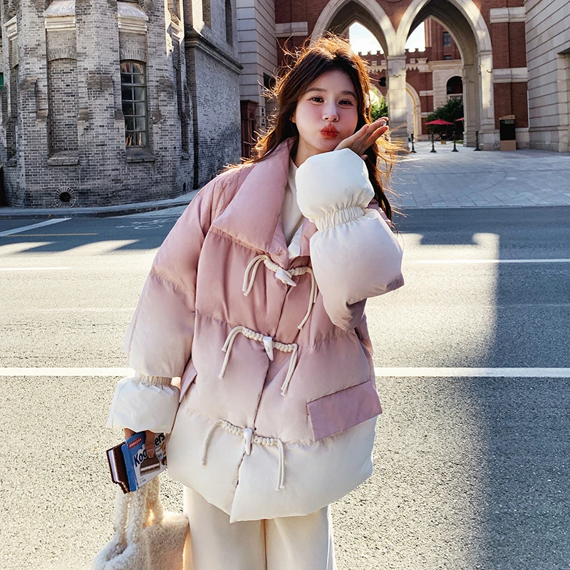 渐变粉色白鸭绒羽绒服女冬季小个子超好看甜美牛角扣面包服外套