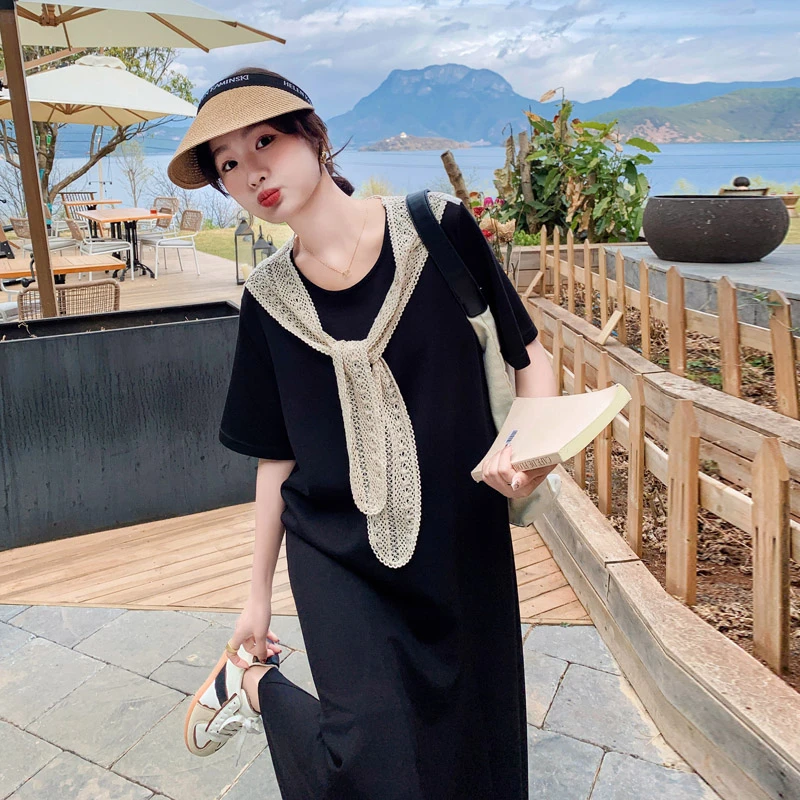 蕾丝慵懒风气质披肩针织连衣裙女夏韩系设计感黑色遮肚赫本风长裙