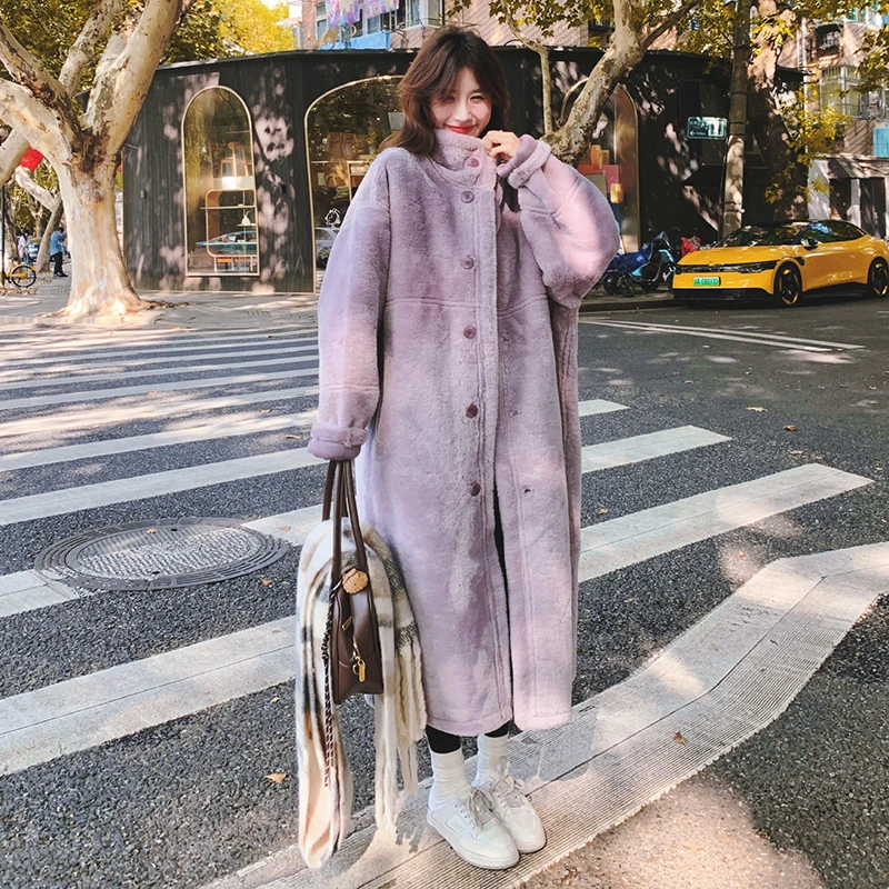 灰紫色双面穿高级感外套女秋冬2024韩版加绒加厚保暖皮毛一体棉服