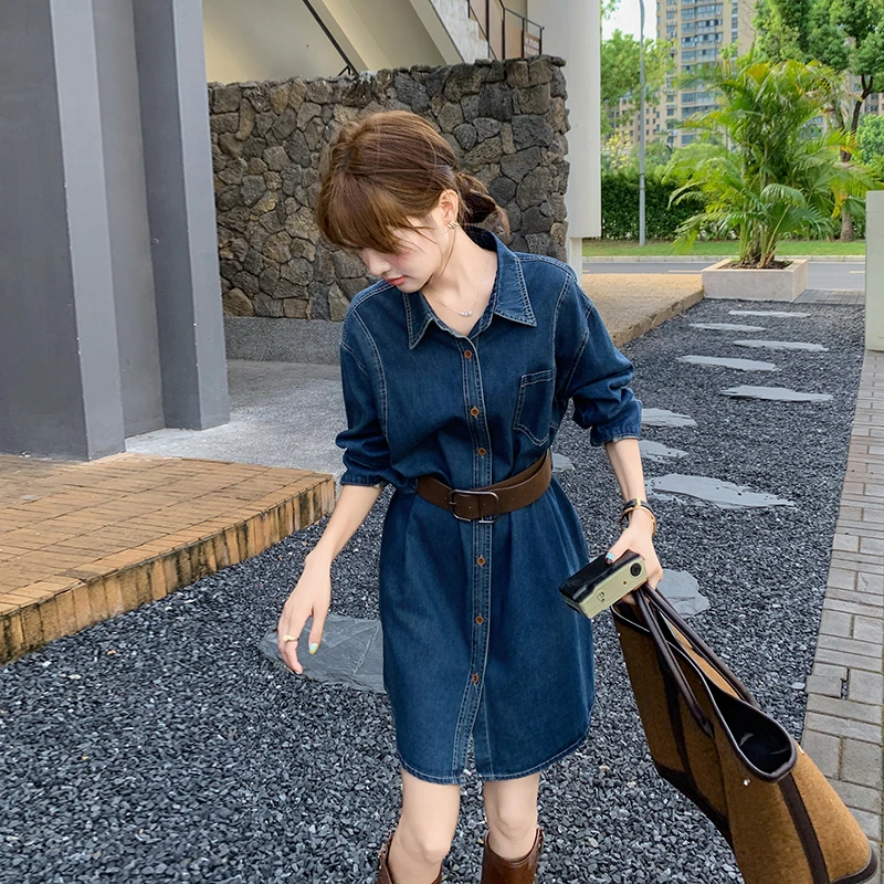 蓝色洋气衬衫裙女2025年秋季新款小众港风春秋小个子气质牛仔裙子