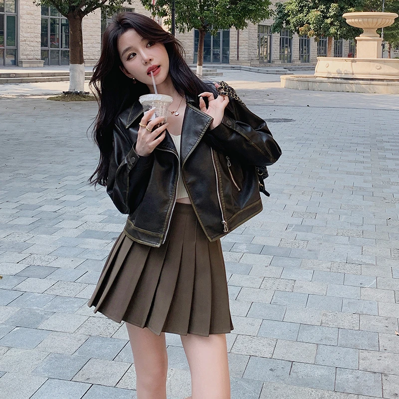 轻奢咖色韩版机车皮衣夹克女显瘦新款小个子气质酷飒风时尚短秋冬