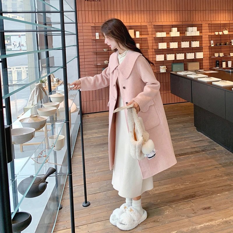 粉色娃娃领双面呢子大衣女2024冬中长款时尚学院风减龄羊毛呢外套