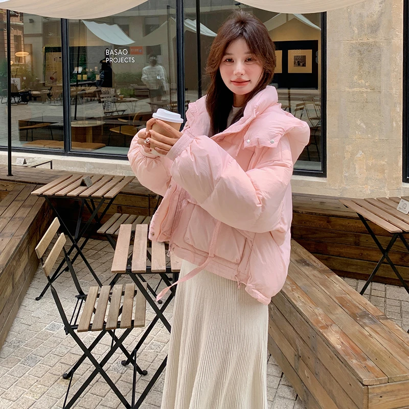 粉色短款连帽羽绒服冬季女2024新款小个子甜美减龄加厚白鸭绒外套
