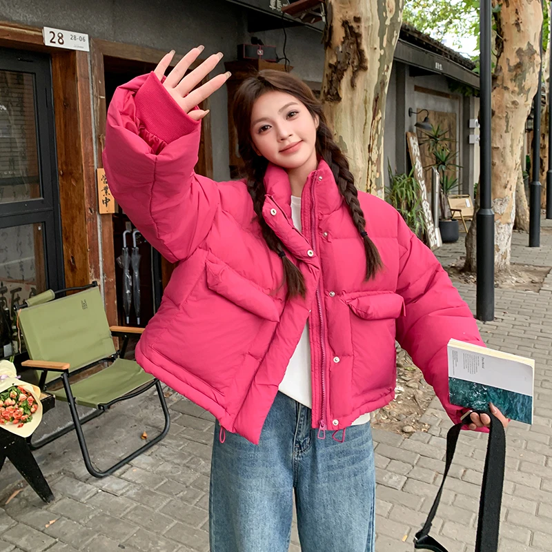 保暖玫红侣秋冬女情侣外套减龄学生韩系休闲女士时尚白鸭绒短