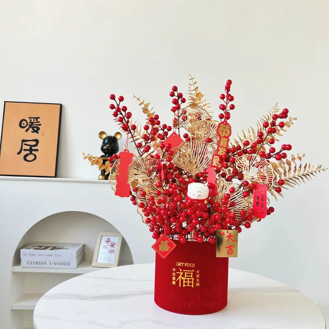 高端定制·婚礼植绒福桶圆形抱抱桶发财果仿真插花婚庆中式新年节