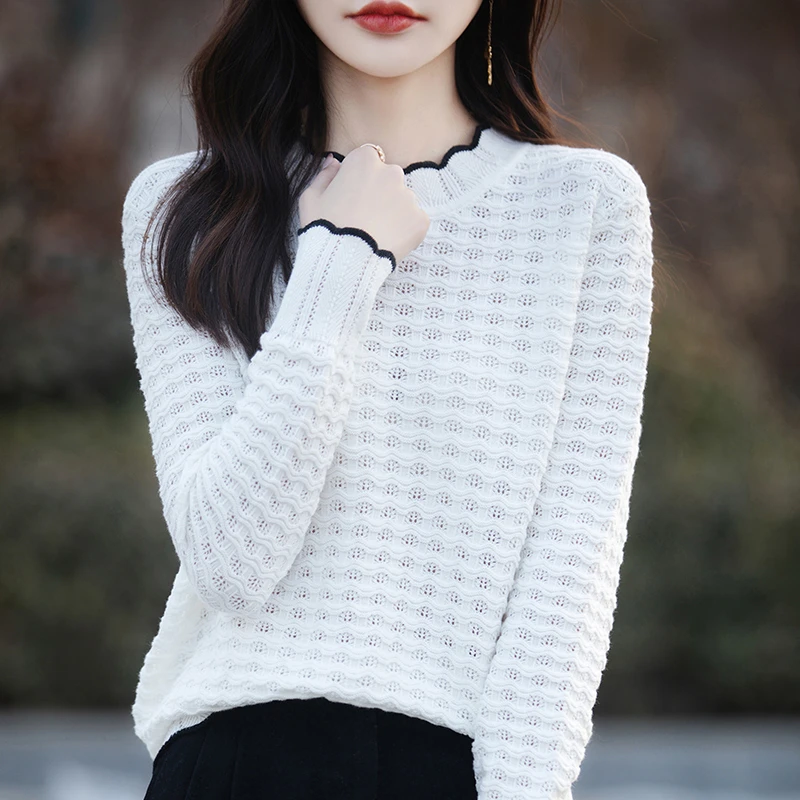 秋冬女纯棉长袖针织衫时尚镂空洋气百搭圆领T恤宽松套头SMY11040