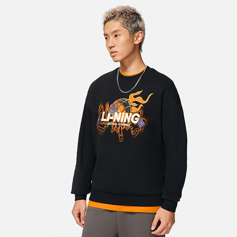 李宁男秋季圆领休闲长袖上衣保暖卫衣舒适百搭无帽运动服AWDSF95