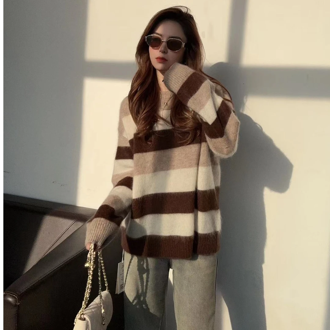 JIE NA YANG法式231851拉绒工艺-简约时尚百搭条纹圆领纯羊绒衫