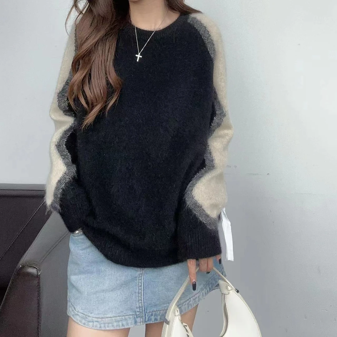 JIENAYANG 软糯230920拉绒工艺-时尚百搭拼色秋冬圆领羊绒衫