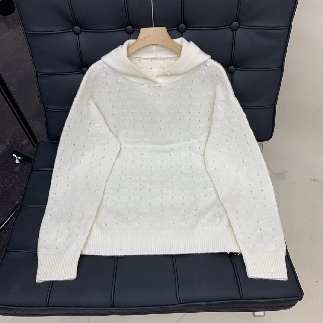 【俩月羊绒】轻奢231253法式气质镂空百搭连帽羊绒衫