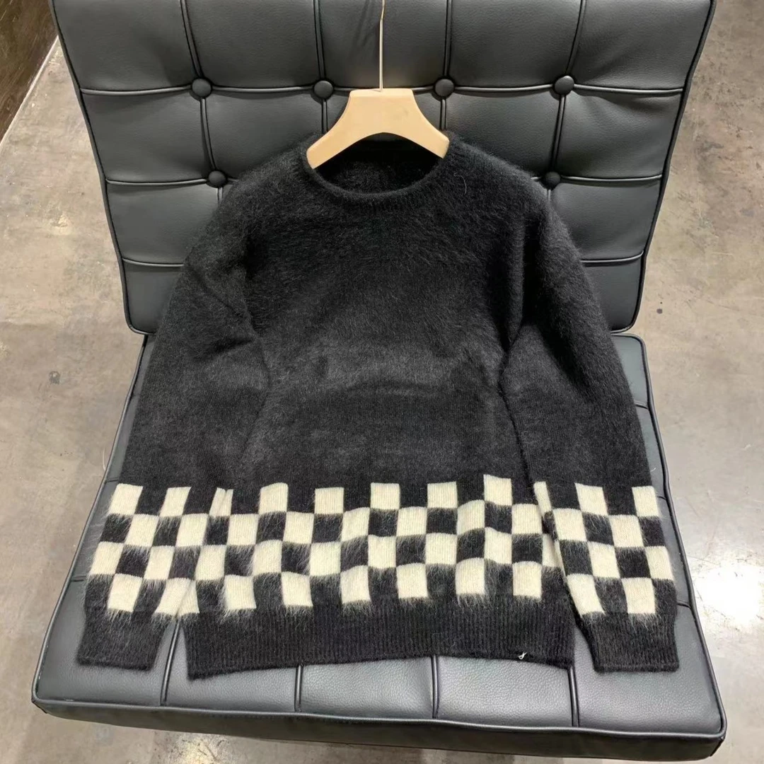 【俩月羊绒原创设计】轻奢230339拉绒工艺-棋盘格羊绒开衫