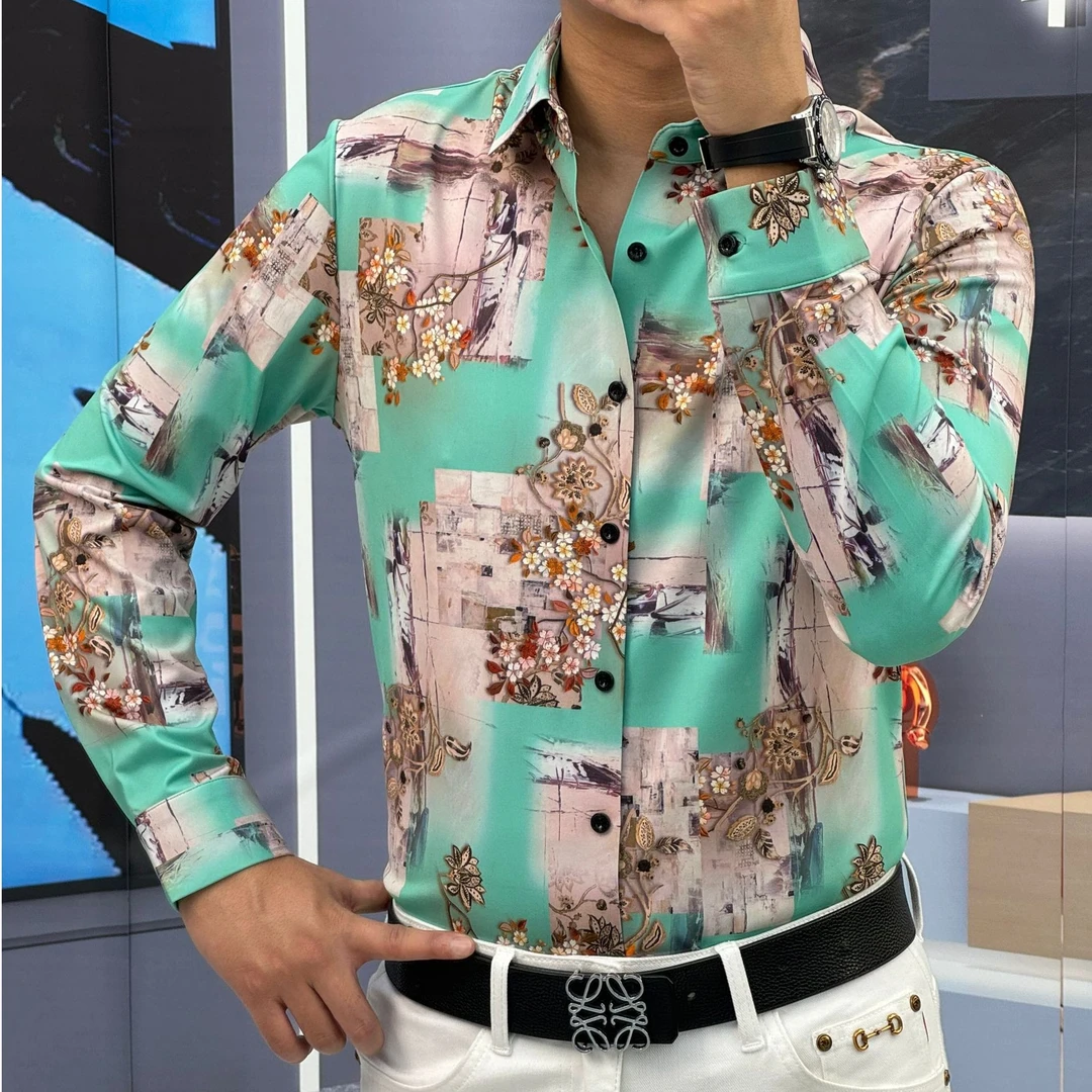 轩诚男士秋季新款高品质弹力潮流休闲百搭印花无缝免熨烫长袖衬衫