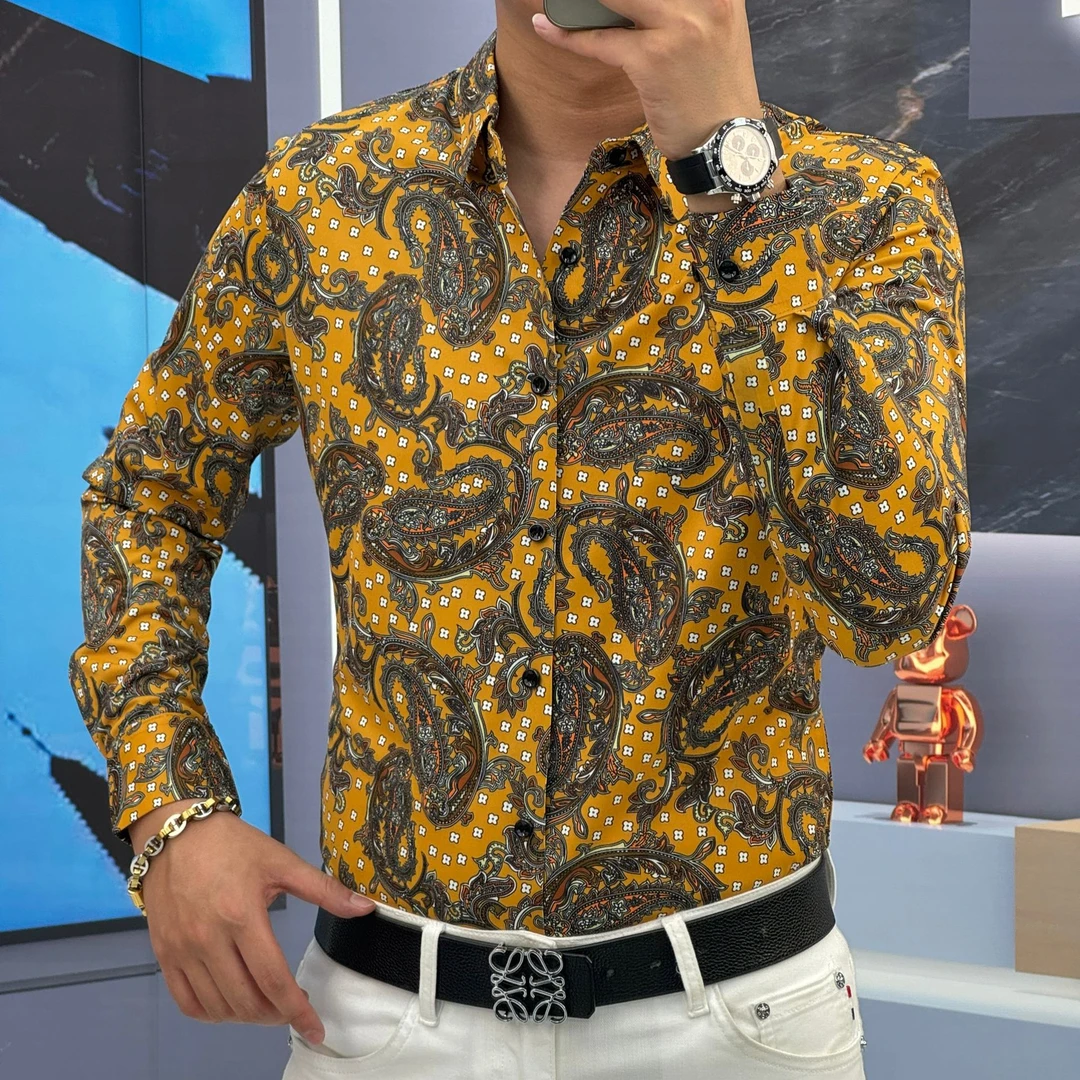 2024年秋季新款男士高品质弹力潮流休闲大气印花长袖衬衫82423