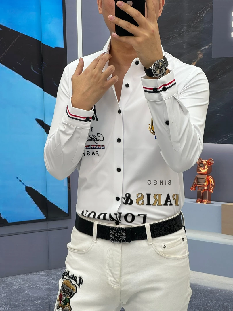 男士春秋季新款高品质弹力潮流印花烫钻织带休闲长袖衬衫衬衣修身