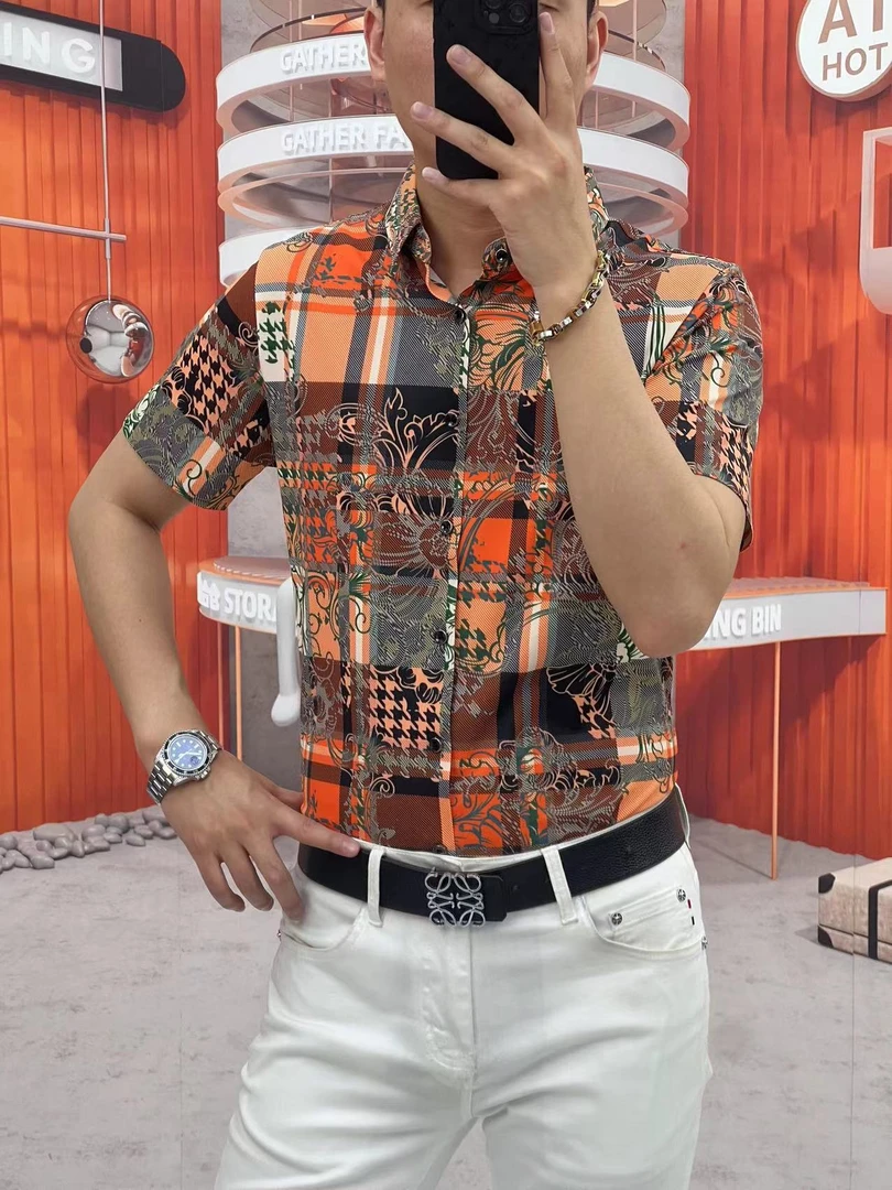 新款夏季免熨烫抗皱无缝男士高端大气商务休闲高品质格子短袖衬衫