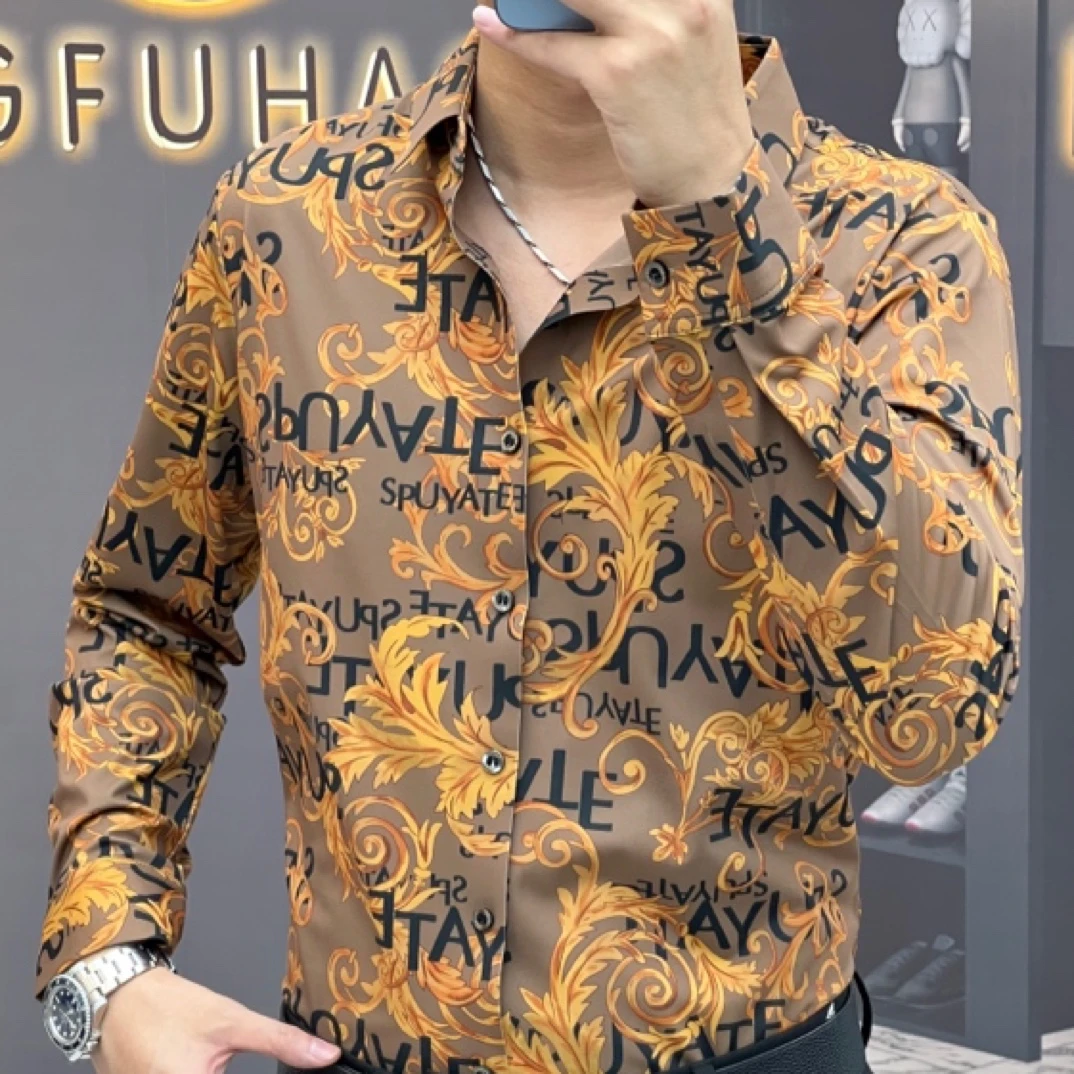 轩诚甄选高品质秋冬印花长袖高端男士衬衣休闲高弹力免熨烫衬衫