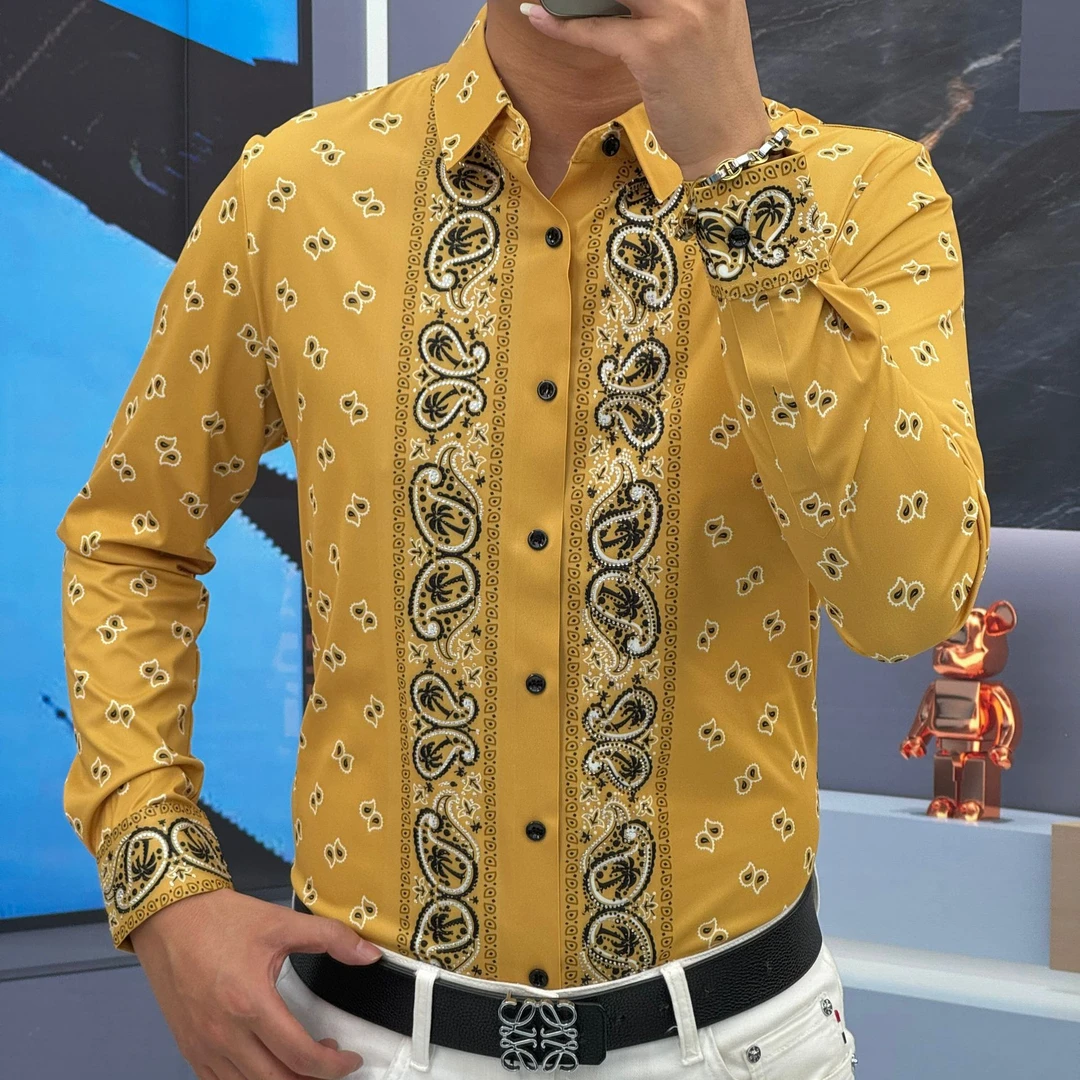 2024年秋季新款男士高品质弹力时尚大气休闲印花长袖衬衫三色