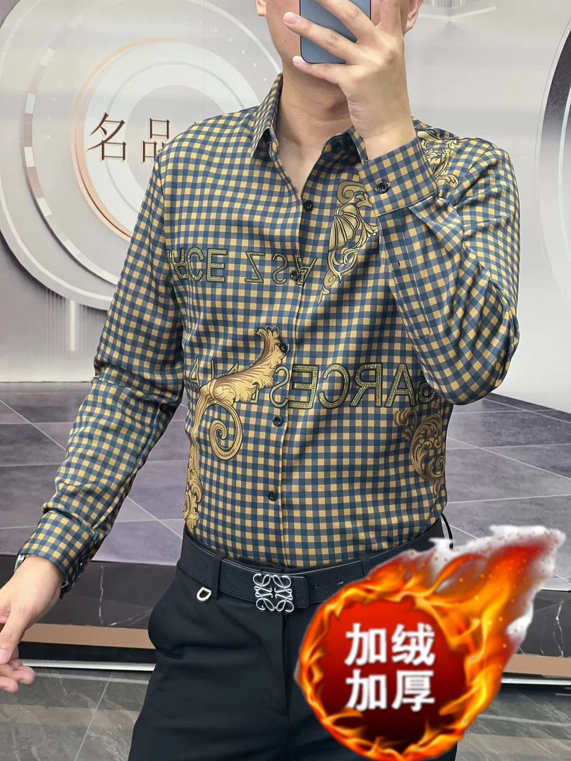 【冬季加厚】男士冬季长袖格子衬衫印花时尚百搭休闲弹力免熨烫衬衫