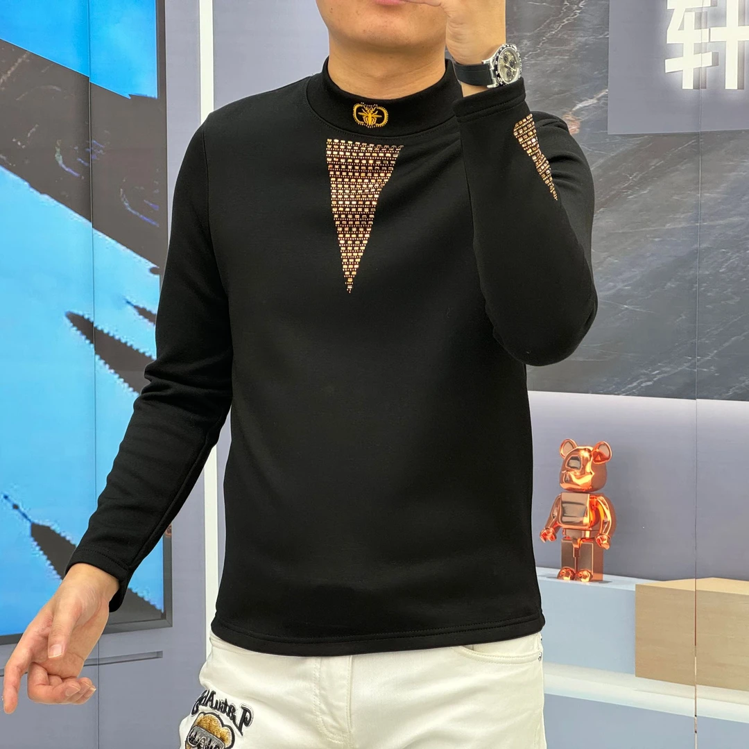 2024秋冬烫钻暗黑风刺绣密封加绒加厚时尚休闲个性百搭单穿打底衫