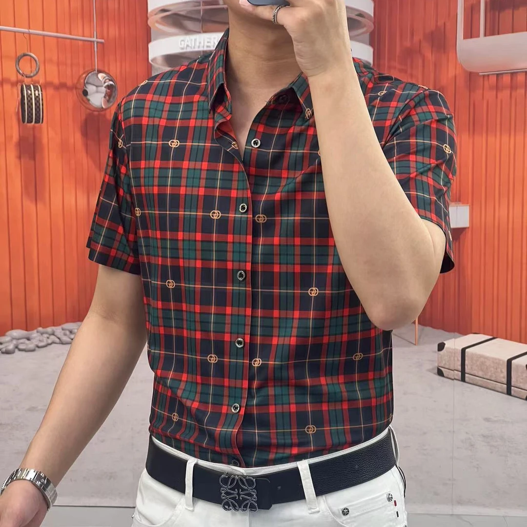 男士春夏时尚休闲潮流薄款印花无痕免熨烫格子欧货弹力短袖衬衣