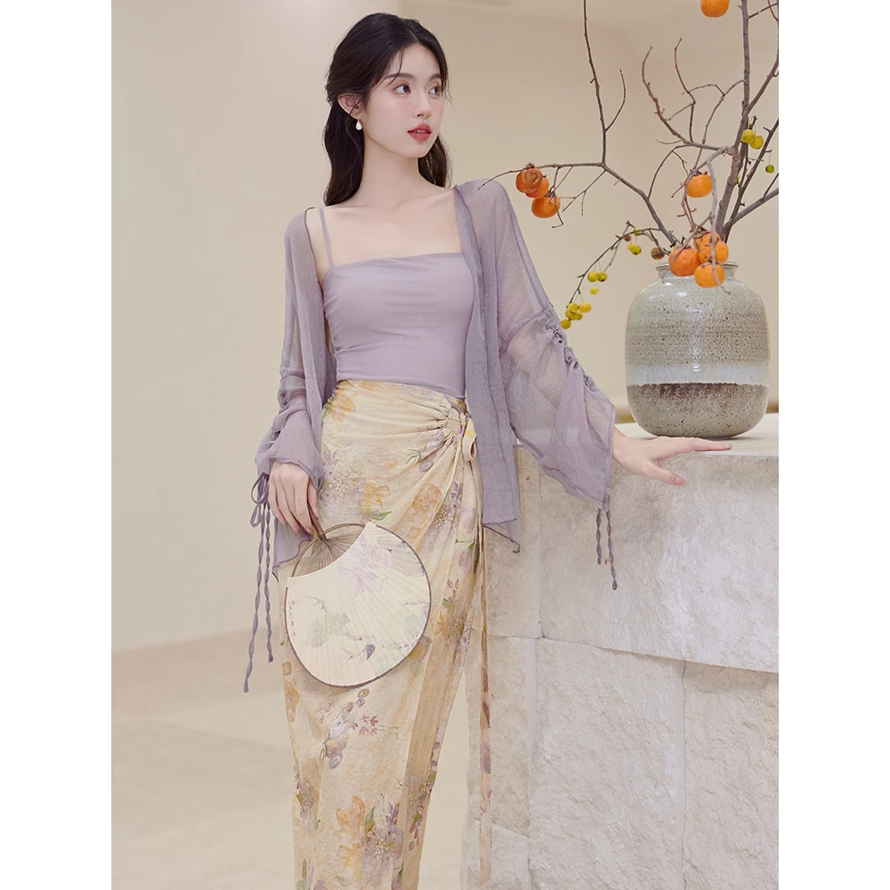 实拍新中式复古禅意吊带开衫半身裙三件套装中国风春夏飘逸女装