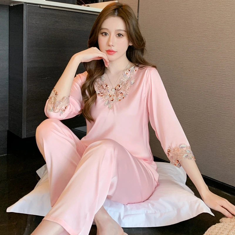 【炫彩蕾丝花边】女士冰雪丝睡衣睡裤套装轻奢性感冰丝休闲家居服