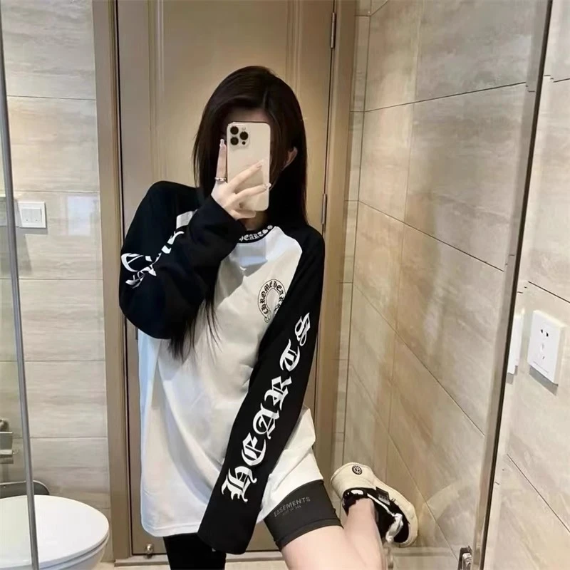 冬季新款拼色印花长袖T恤女休闲宽松网红时尚中长款上衣潮ins