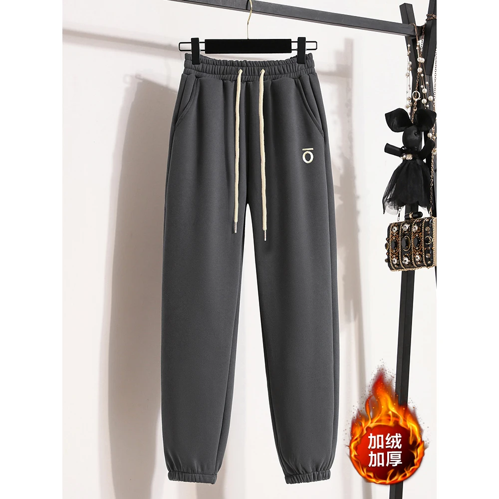 2024冬季加绒欧货卫裤女束脚宽松绣花深灰显瘦宽松保暖休闲运动裤