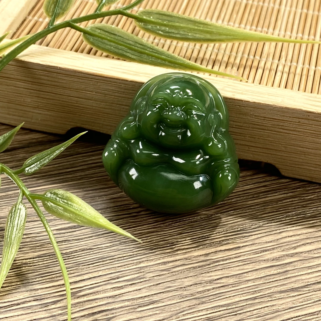 【福源珍宝】和田玉碧玉老料大肚佛公满绿菠菜绿吊坠