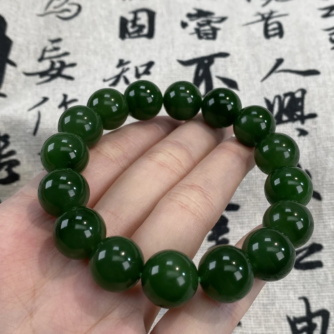 【福源珍宝】和田玉碧玉辣菠菜绿13mm国风素串