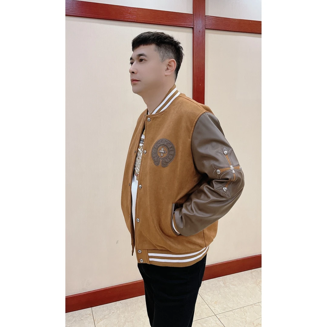 秋冬拼接加绒麂皮绒加棉棒球服男装潮牌夹克长袖加厚