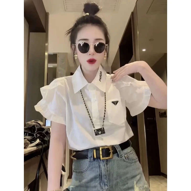 2023夏季新款韩版时尚甜美短袖衬衫女百搭通勤工装白色花苞袖衬衣