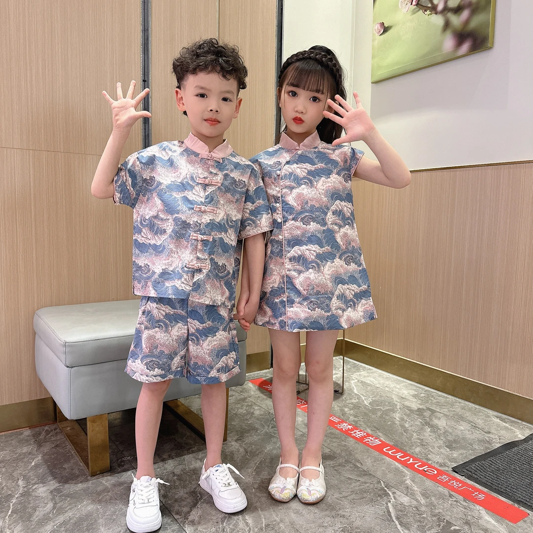 姐弟款复古汉服服装夏季汉服旗袍裙儿童古风唐装短袖洋气套装