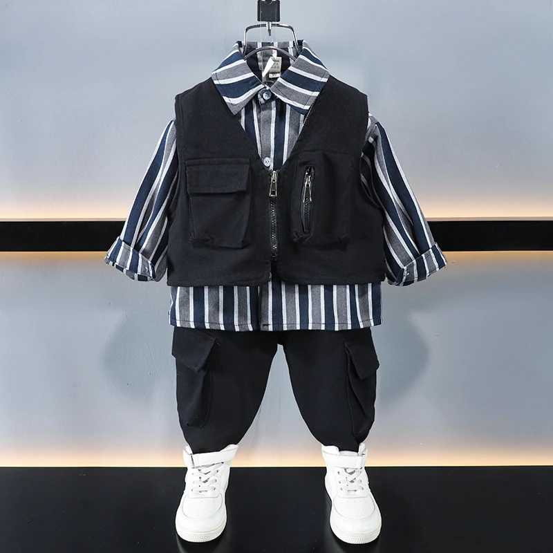 儿童春秋休闲套装秋季新款帅气男童条纹洋气工装三件套