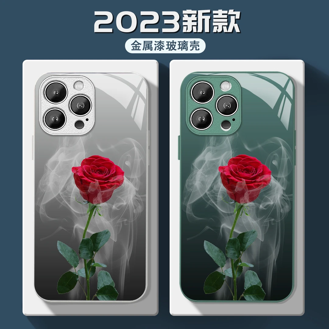 适用苹果/华为/小米oppo/vivo创意简约高级玫瑰花个性玻璃手机壳