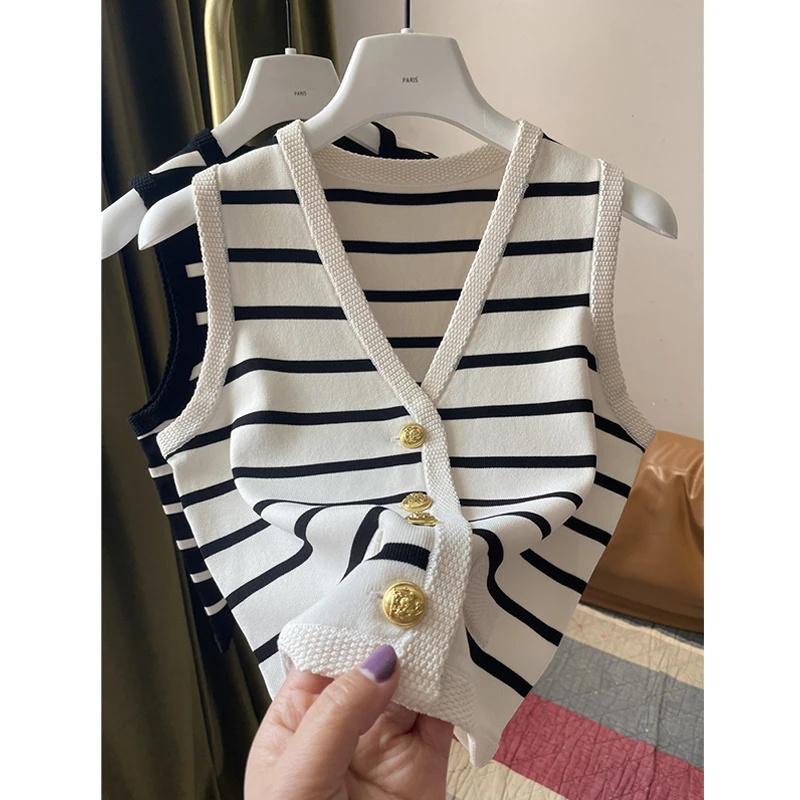 法式冰丝短款针织衫背心女款领无袖内搭外穿马甲秋季条纹衫开衫