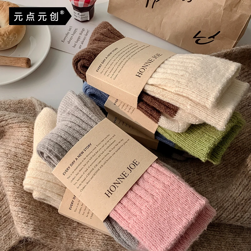 5双 双针工艺袜子女生日系百搭甜美兔羊毛袜冬天长袜中筒袜