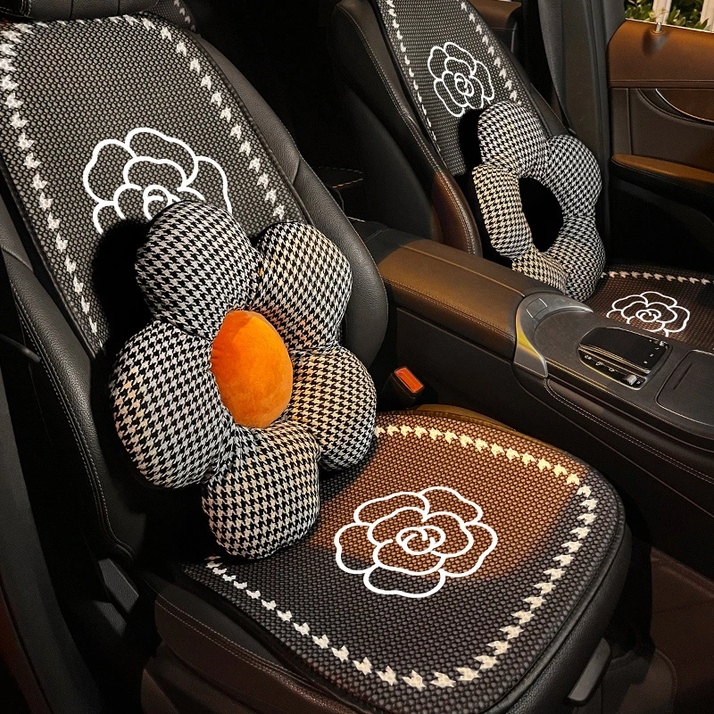 汽车坐垫套四季通用头枕腰靠简约高级感山茶花女士坐垫透气防滑
