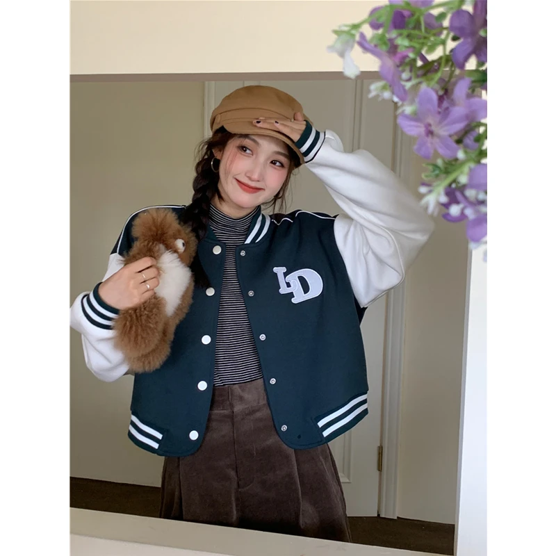 美式复古秋冬新款百搭撞色立领棒球服女字母刺绣长袖短外套