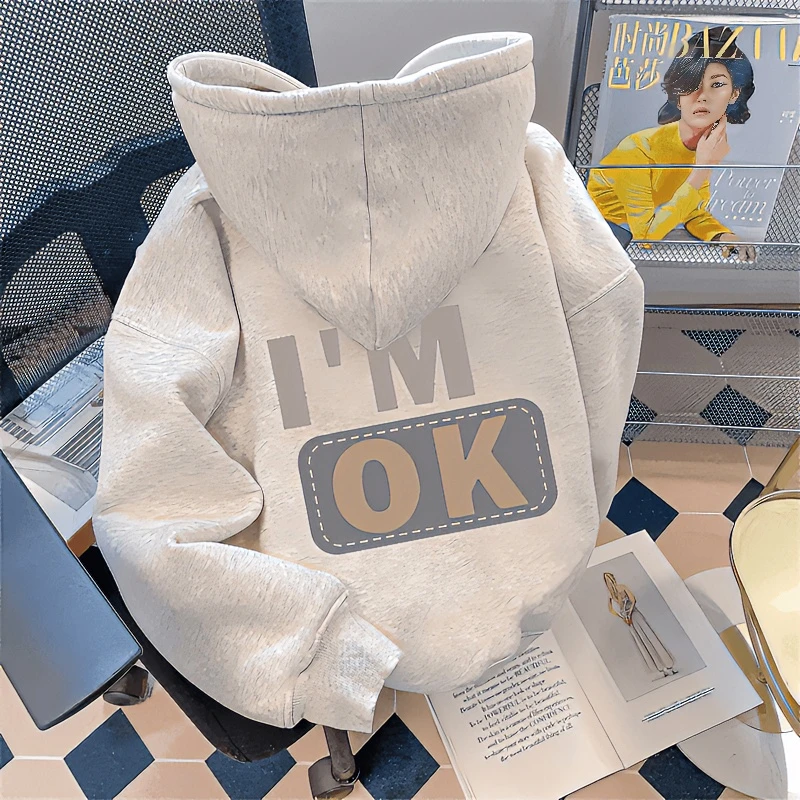 潮牌设计感薄款加绒卫衣男生青年字母印花春秋季新款连帽外套上衣