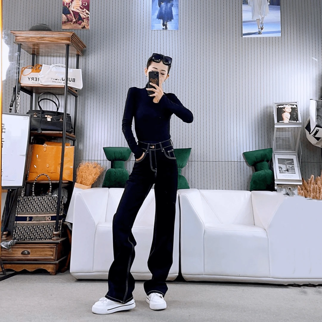 柒柒家「长腿欧盟」J复古欧缇黑色明线拖地牛仔裤