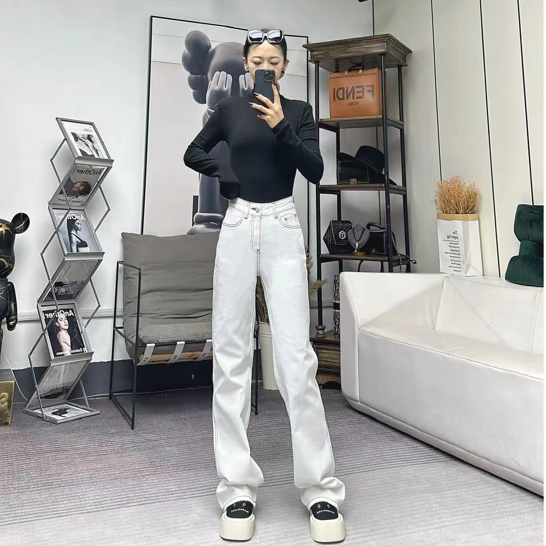 柒柒「静奢白风」显瘦百搭时尚白色高腰直筒拖地牛仔裤 KL0256