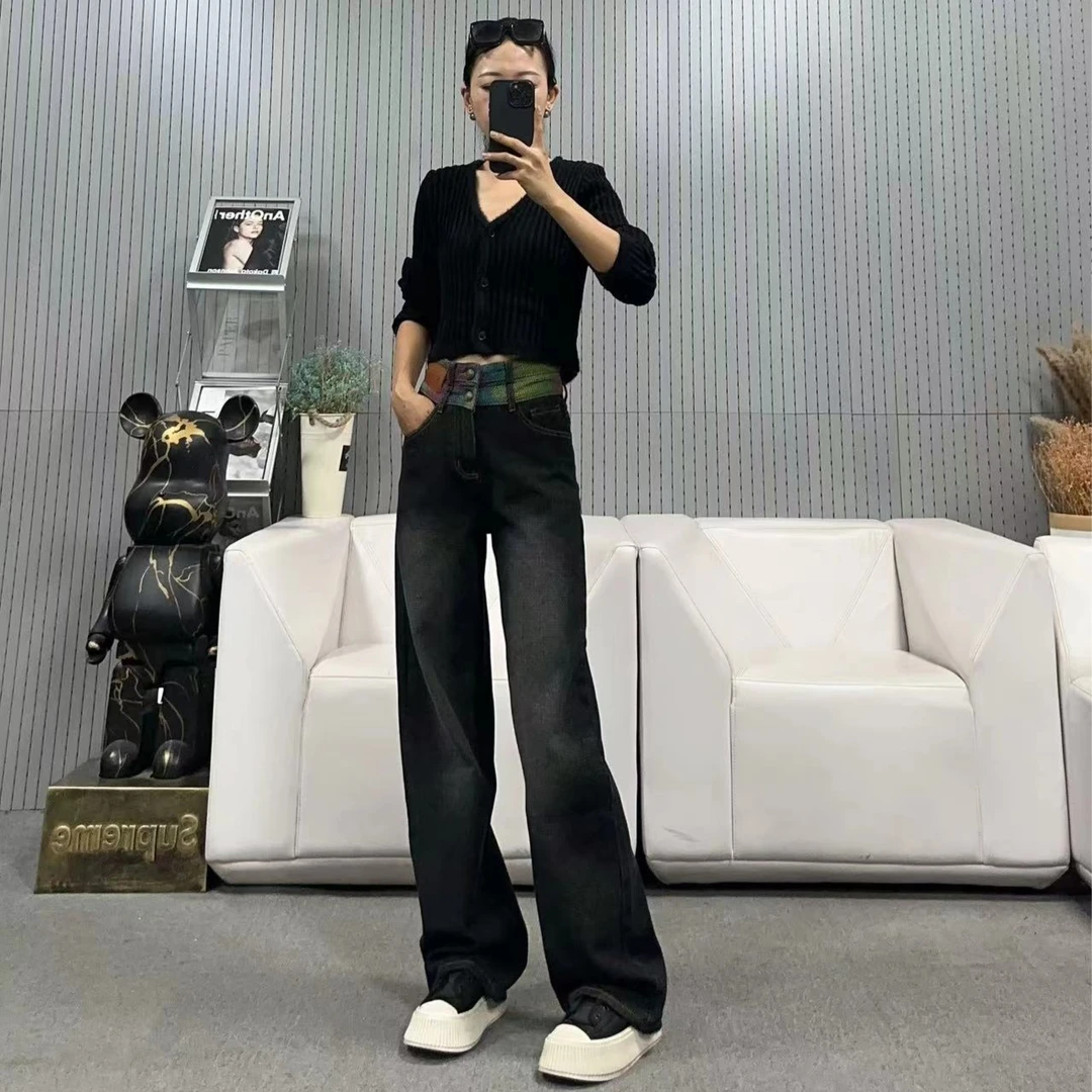 柒柒 「彩色曲线」时尚色彩腰头黑色百搭休闲高腰阔腿牛仔裤 3119-1