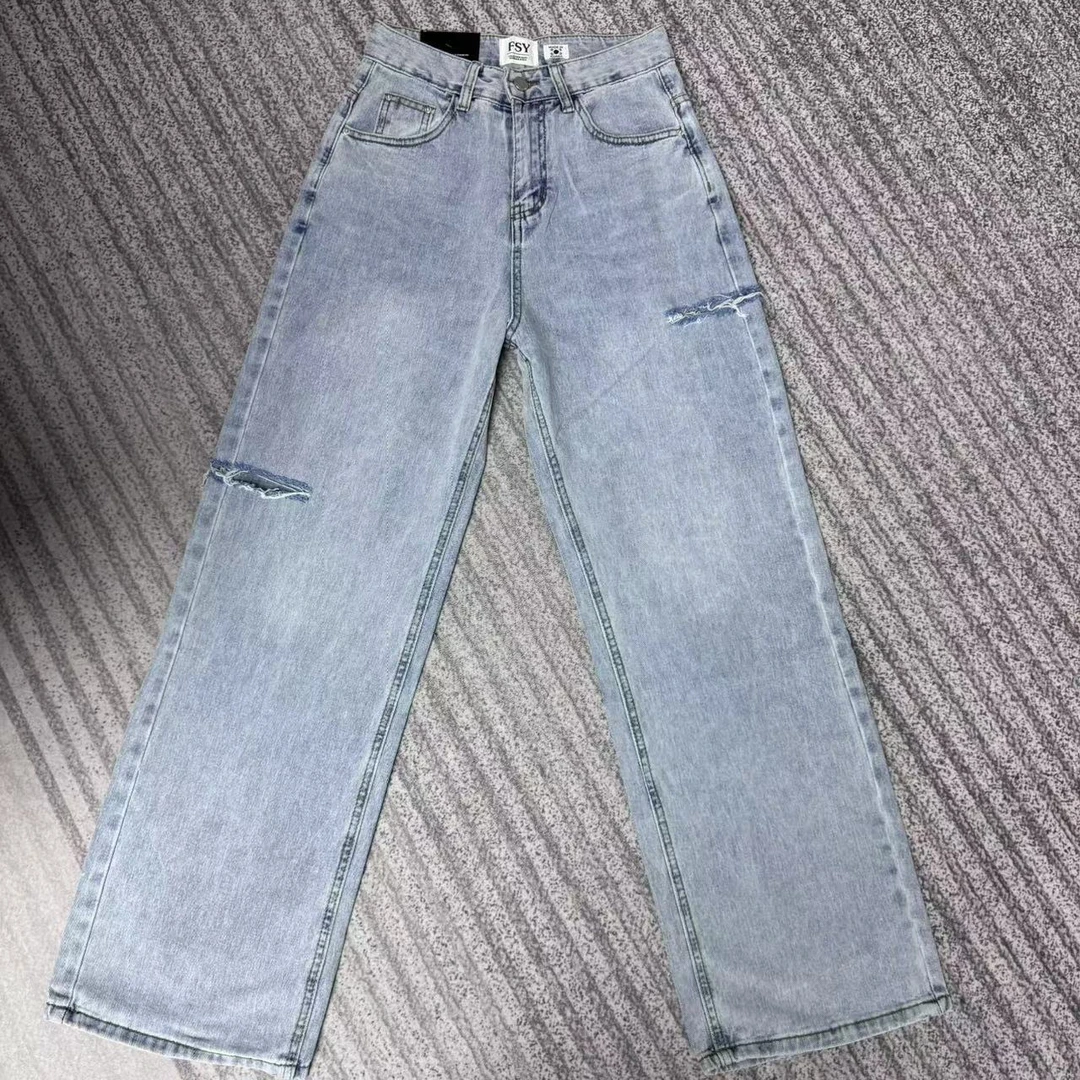 柒柒家「清溪明调」清新蓝调设计师潮流百搭时尚休闲显瘦牛仔裤1738