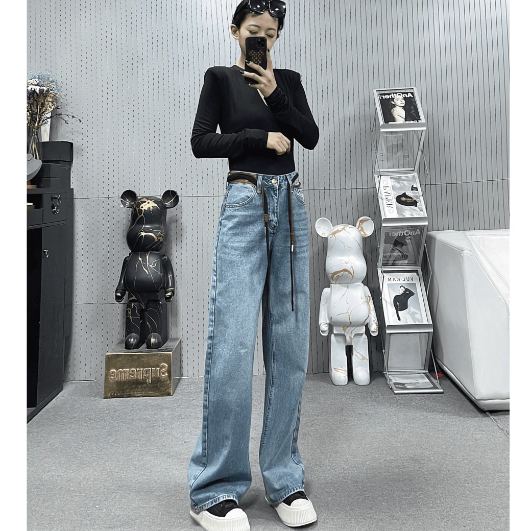 柒柒家「潮舍长腿」复古潮舍显瘦高腰百搭宽松阔腿拖地牛仔裤2656