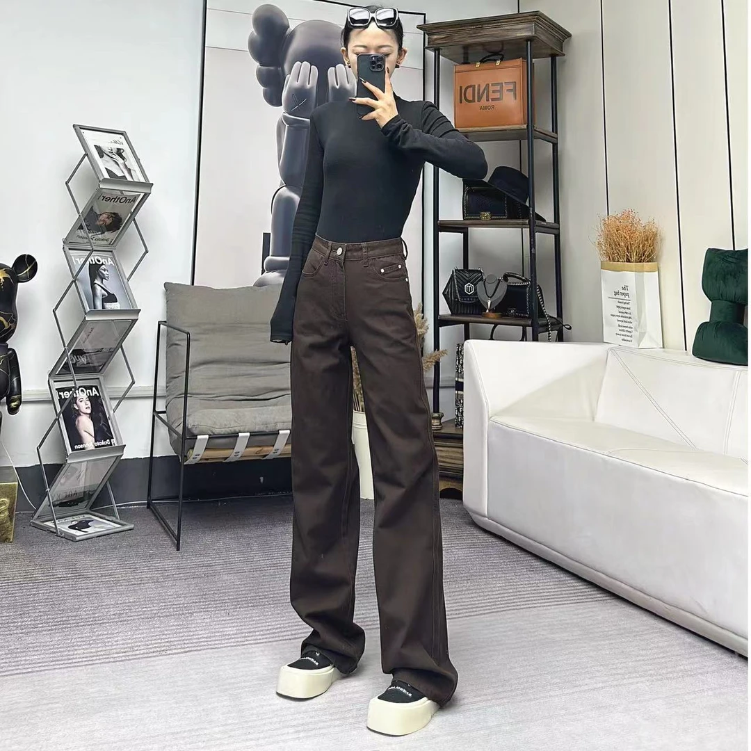 年末福利「曼哈顿咖」栗子咖高腰显瘦宽松时尚阔腿拖地牛仔裤KL0253