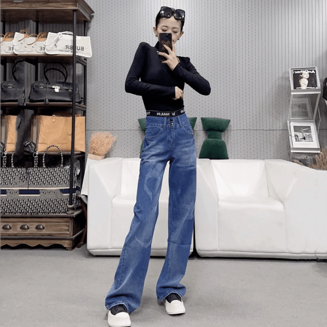 柒柒家「长腿蛮腰」高腰显瘦三扣复古时尚宽松磨毛拖地牛仔裤 3025