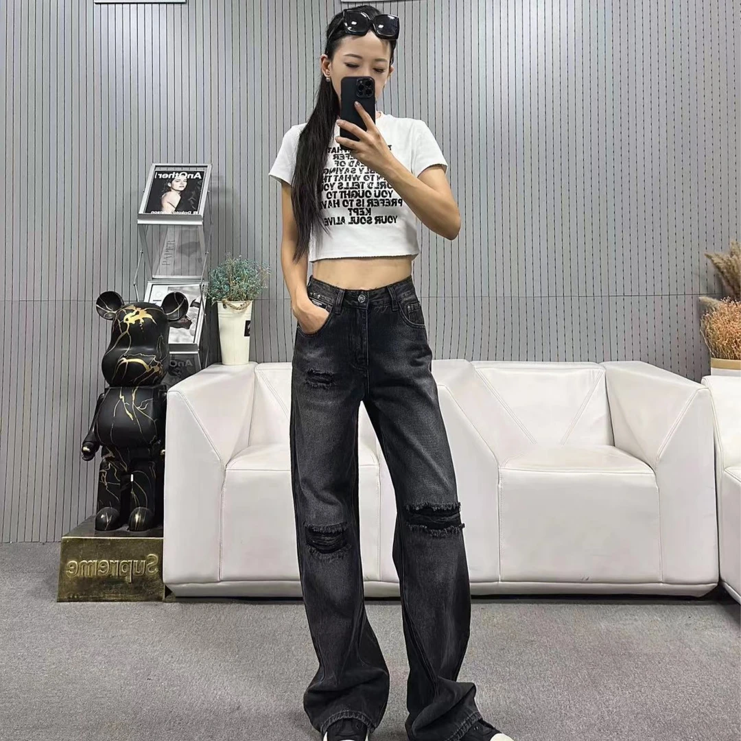 柒柒「雅痞牛仔」复古黑色阔腿假破洞高腰宽松百搭显瘦牛仔裤 989