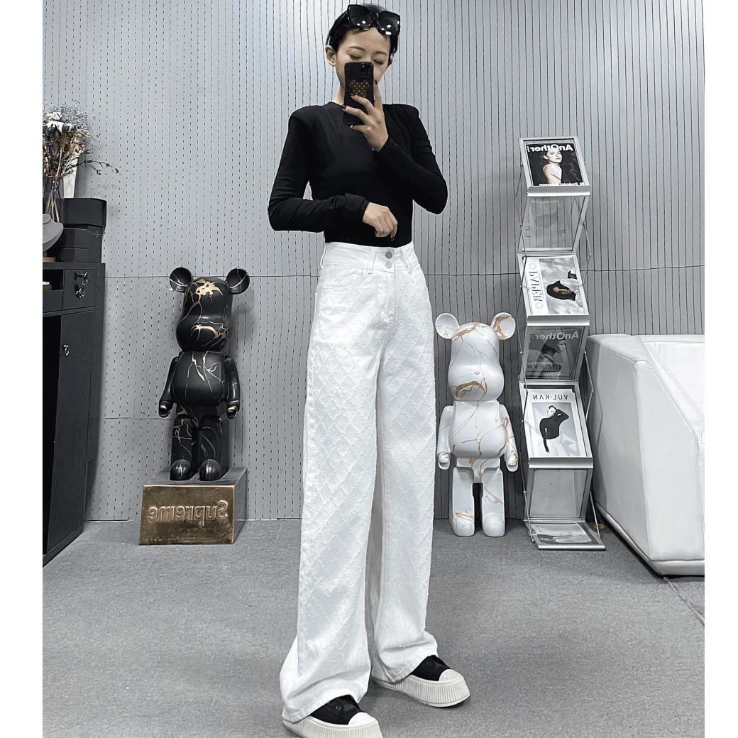 柒柒家「爵士长腿」立体凌格白色显瘦宽松欧美拖地裤牛仔裤3033-2